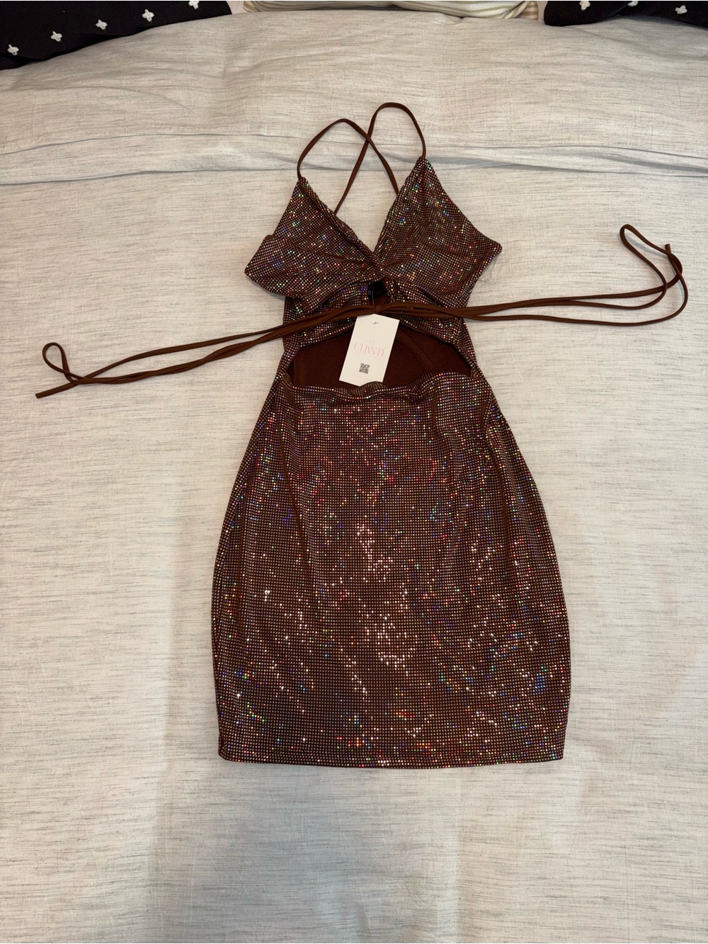 Sabora Brown Iridescent Sequin Cutout Mini Dress